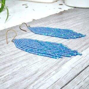 BOGO EARRINGS Blue beaded fringe cascade dangle earrings, 3.5"